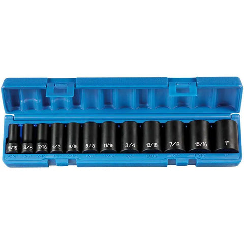 12 Piece Beefy Three Eighth Inch Drive Semi Deep Standard Socket Set In Blow Molded Case With Sizes From Five Sixteenths To One Inch Durable Taiwan Made Build Lifetime Warranty Ideal For DIY And Pro Mechanics