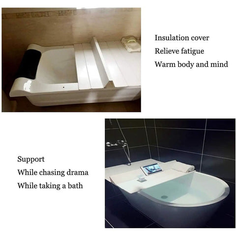 Chill Mode On With This Premium Foldable Insulated Bathtub Cover And White PVC Bath Tray on a bathtub, designed for relaxation and convenience.