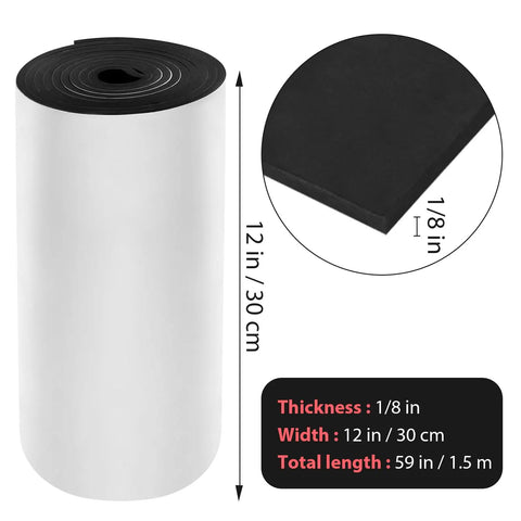 Heavy Duty Self Adhesive Neoprene Closed Cell Foam Sheet For Badass DIY Builds And Crafts With Hella Stick Power And A Nasty Waterproof Seal In Black Measuring 12 By 59 Inches, showing dimensions and thickness.
