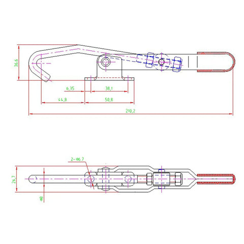 Technical drawing of J Hook Toggle Clamp Stainless Steel Heavy Duty Hold Down Clamp for Woodworking Projects dimensions