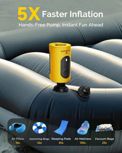 Portable yellow air pump for inflatables, handheld with 3 nozzles for sleeping pads and pool floats
