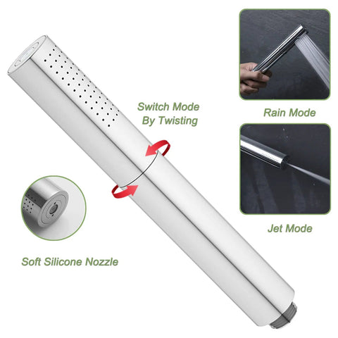 Chrome Brass Handheld Shower Head With High Pressure 2 Function Sprayer showing switch mode, rain, and jet spray options.