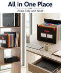 13 Pocket Accordion File Organizer with cover labels, black expanding file folder on desk and shelf, ideal for office storage.