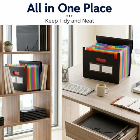 13 Pocket Accordion File Organizer with cover labels, black expanding file folder on desk and shelf, ideal for office storage.