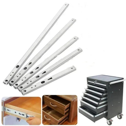 Two Pack Ball Bearing Drawer Slides 13 Inch Heavy Duty Steel Rails For Kitchen Cabinets And Office Furniture, shown with cabinets
