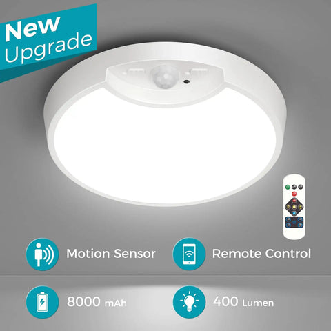 Rechargeable Motion Sensor Ceiling Light with remote, 7.5 inch LED fixture for closets, hallways, stairs, motion detection.