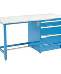 Heavy Duty Modular Workbench With Three Roomy Drawers And Plastic Laminate Safety Edge In Blue Featuring Built Tough Welded Steel Frame full view, smooth rolling carts.