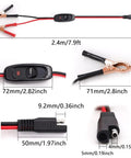 Premium Heavy Duty 8 Ft Wire Harness With On Off Switch And Gold Alligator Clamps dimensions showing 2.4m cable length and clips.