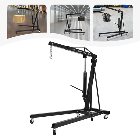 Professional Grade 2 Ton Folding Engine Hoist With Electric Winch And Six Smooth Rolling Caster Wheels For Garage Motor Swap Rigs and Auto Jobs Made From Tough Carbon Steel that Handles Heavy Loads Without Breaking A Sweat in a workshop.