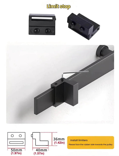 Close-up of limit stop components for Heavy Duty Sliding Door Track Kit With Carbon Steel Rail For Space Saving Design In Garages And Wardrobes.