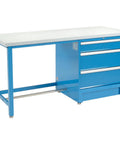 All Welded Heavy Duty 72 Inch Wide Modular Workbench With Three Full Size Locking Drawers 14 Gauge Thick Steel Legs Blue Plastic Laminate Top.
