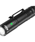 Rechargeable 1200 Lumen Tactical Flashlight With Type C Charging IP68 Waterproof 6 Light Modes 2600mAh Battery For Camping And Emergency Outdoor Use Compact EDC Light For Rescue Inspection And Night Adventures shown with activated indicator light.