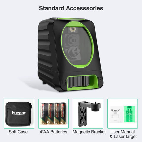 Self Leveling Green Cross Line Laser Level Box 1G with magnetic bracket, AA batteries, carrying case, and user manual.