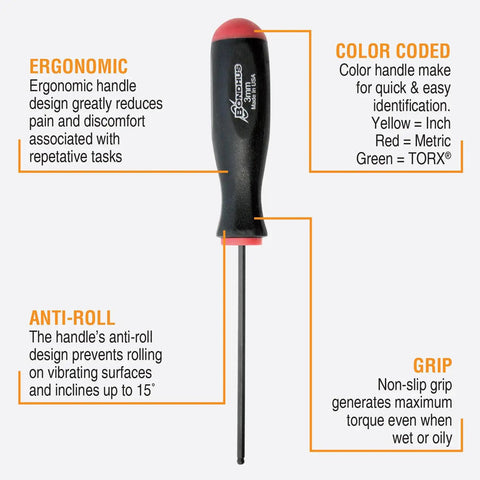 Ergonomic handle of 7 Piece Balldriver Screwdriver Set With ProGuard Finish And ComfortGrip Handles, angled entry details.