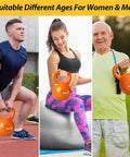 Men and women using orange 20 lb kettlebells outdoors for fitness, demonstrating versatility for all ages
