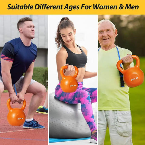 Men and women using orange 20 lb kettlebells outdoors for fitness, demonstrating versatility for all ages