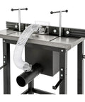 Solid Black Router Table With Precision Height Lift Slick Woodworking Station with adjustable lift and dust collection system.