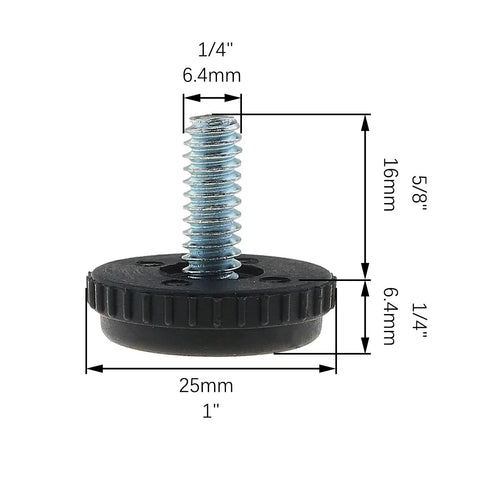12 Pack 1/4-20 Threaded Furniture Levelers With Non Slip Pads, showing dimensions and galvanized screw on nylon base