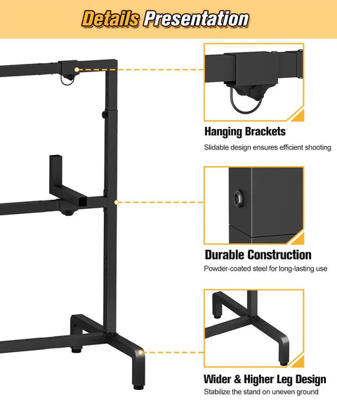 Adjustable Archery Target Stand for Foam and 3D Targets with hanging brackets, durable steel frame, and raised leg design