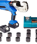 Heavy Duty Rechargeable Electric Hydraulic Wire Crimper With 360 Degree Swivel Head, batteries and multiple dies shown.