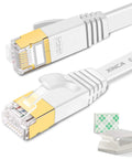 Close-up of Cat7 Flat Ethernet Cable 15ft White Ultra Fast 10Gbps Shielded STP LAN with RJ45 connectors and adhesive cable clips.