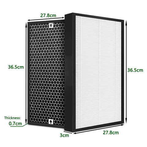 Replacement True HEPA Filter And Activated Carbon Filter Set For AC1215 showing dimensions 36.5cm x 27.8cm x 3cm.