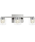 Front view of Three Light Dimmable Modern Vanity Light Fixture In Brushed Nickel With Globe Crystal Glass Over Mirror LED Bath Lighting