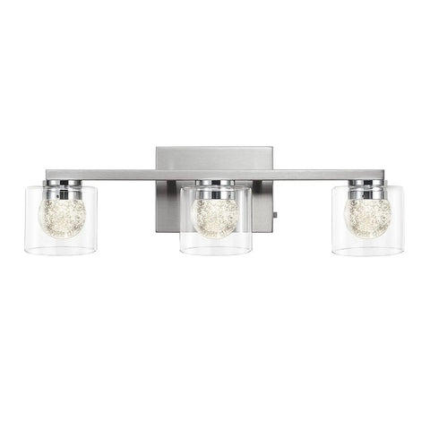 Front view of Three Light Dimmable Modern Vanity Light Fixture In Brushed Nickel With Globe Crystal Glass Over Mirror LED Bath Lighting