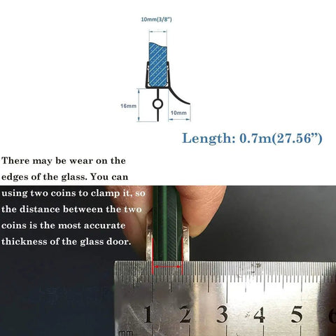 Diagram and measurement for Frameless Shower Door Bottom Seal With Drip Rail For Three Eighths Inch Glass, 27.5 Inch Length, Clear.