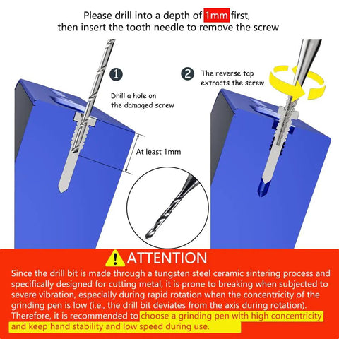 Diagram showing Damaged Screw Removal Kit For Cell Phones And Electronics With 2 Tungsten Steel Drill Bits 2.35mm in use.