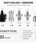 Detailed view of Badass 22 Piece Camera Mount Screw And Adapter Set With 1/4 To 3/8 Tripod Reducers and Hot Shoe Mounts.