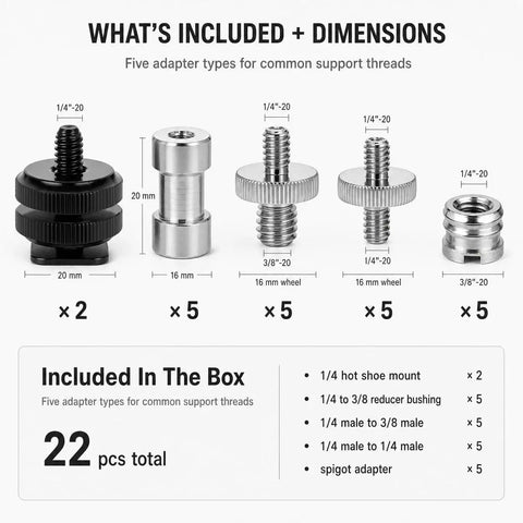 Detailed view of Badass 22 Piece Camera Mount Screw And Adapter Set With 1/4 To 3/8 Tripod Reducers and Hot Shoe Mounts.