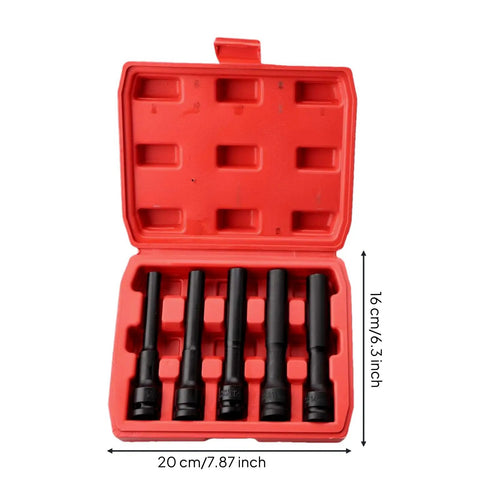 Rock Solid Five Piece Extended Thin Wall Impact Socket Set With Narrow Profile Design For Tough Car Wheel Maintenance And Automotive Repairs in red case, 20 cm x 16 cm