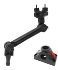 Side view of universal trolling motor stabilizer bracket with adjustable black arm and quick-release base with red button