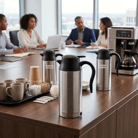 Boss Level 24v Electric Water Kettle For Truckers And Road Warriors 750ml Stainless Steel Portable Travel Heater Bottle displayed on a conference table.