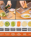 KEOUKE transparent handheld mandoline slicer with 6 interchangeable blades and hand guard