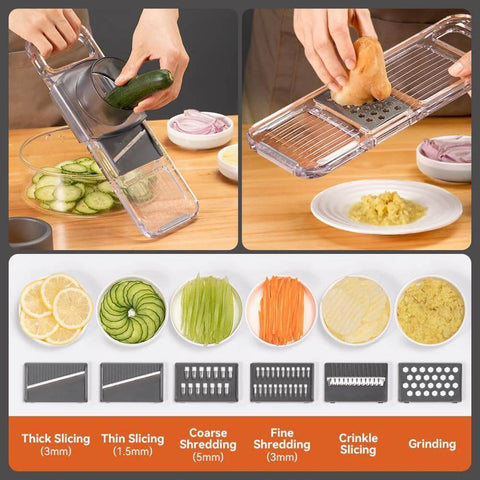 KEOUKE transparent handheld mandoline slicer with 6 interchangeable blades and hand guard