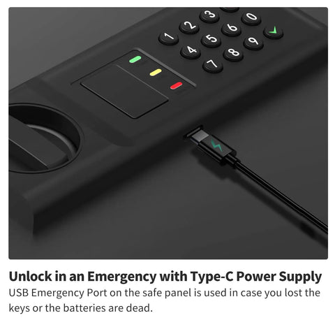 0.8 Cubic Foot Electronic Safe With Digital Keypad For Home Or Office showing Type-C Power Supply Port for emergency access