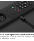 Close-up of Beefy Digital Safe Box With Electronic Keypad Lock showing USB-C power supply feature for emergency unlocking.