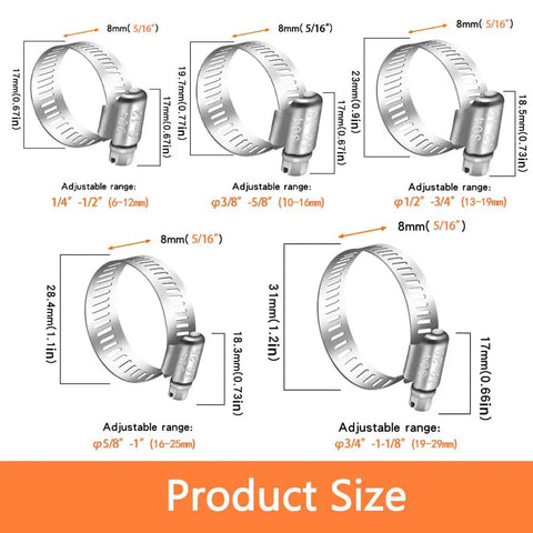 42 Piece Hose Clamps Set Stainless Steel 304 Worm Gear Assortment with size range details for pipes and tubes