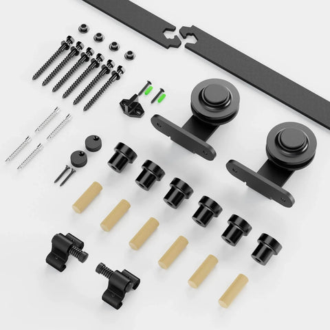 Components of 11Ft Sliding Track Barn Door Hardware Kit For A Single Wood Door Heavy Duty T Shaped Style Black