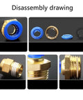 50Pcs Pneumatic Fitting Air Connector Set With 4mm, 6mm, 8mm, 10mm, And 12mm Hose Fittings And 1/8 Inch To 1/2 Inch Thread Quick Connectors For Air Tools, Garage DIY, And Plumbing Projects brass threaded connector exploded view