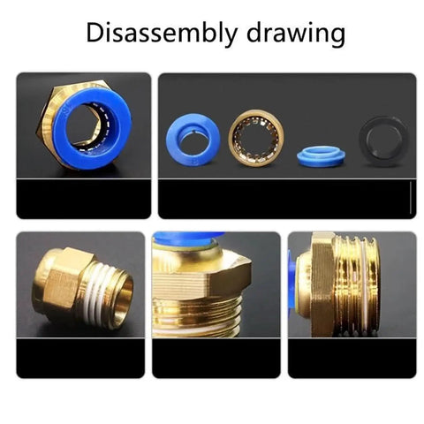 50Pcs Pneumatic Fitting Air Connector Set With 4mm, 6mm, 8mm, 10mm, And 12mm Hose Fittings And 1/8 Inch To 1/2 Inch Thread Quick Connectors For Air Tools, Garage DIY, And Plumbing Projects brass threaded connector exploded view