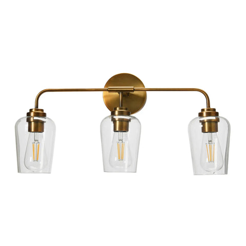 Mid Century Inspired Three Light Vanity Fixture in Brushed Bronze With Metal Base and Snifter Glass Shades, Damp Location Rated