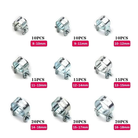 Top Quality Zinc Plated Steel Hose Clamp Assorted Kit With Double Ears Worm Drive Clamps Perfect For Fuel And Water Pipes 8-18mm Range Super Durable And Easy To Install Right Now. Assorted zinc plated steel hose clamps, 8-18mm, for fuel and water pipes