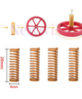 Ender 3 Bed Leveling Upgrade Kit assembly guide with high torque springs, metal screw, and red leveling nut wheel for 3D printers.