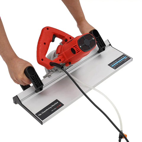 Built Tough Tile Chamfering Machine Featuring A 1200W Corded Motor And Splash Free Cooling System For Quick 43 Degree Cutting At 13000RPM No Sweat Beveling Edger in use.