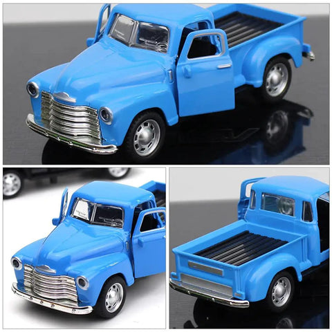 Retro Metal Classic Cars Die Cast Old School Pickup Truck Figurine in Blue Vintage Alloy Mini Car Model for Home Decor