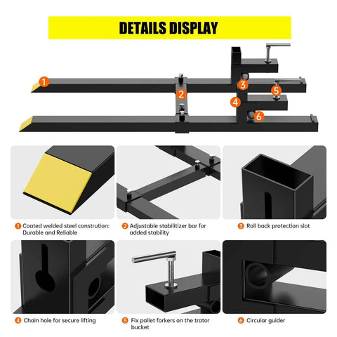 Details of Pro Grade Heavy Duty Clamp On Pallet Forks, 2000 Lb Capacity, 43 Inch Length With Adjustable Stabilizer Bar features