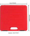 Red toolbox for 9 Piece Auto Body Repair Tool Kit With Hammer And Dolly Set For Car Dents And Door Dings, with dimensions shown